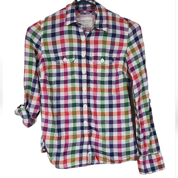Aeropostale XS Soft Red Blue Check Plaid Button Down Long Sleeve Shirt Y2K 90s - Picture 6 of 11